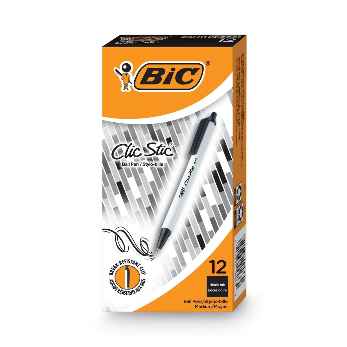 Clic Stic Ballpoint Pen, Retractable, Medium 1 mm, Black Ink, White Barrel, Doze
