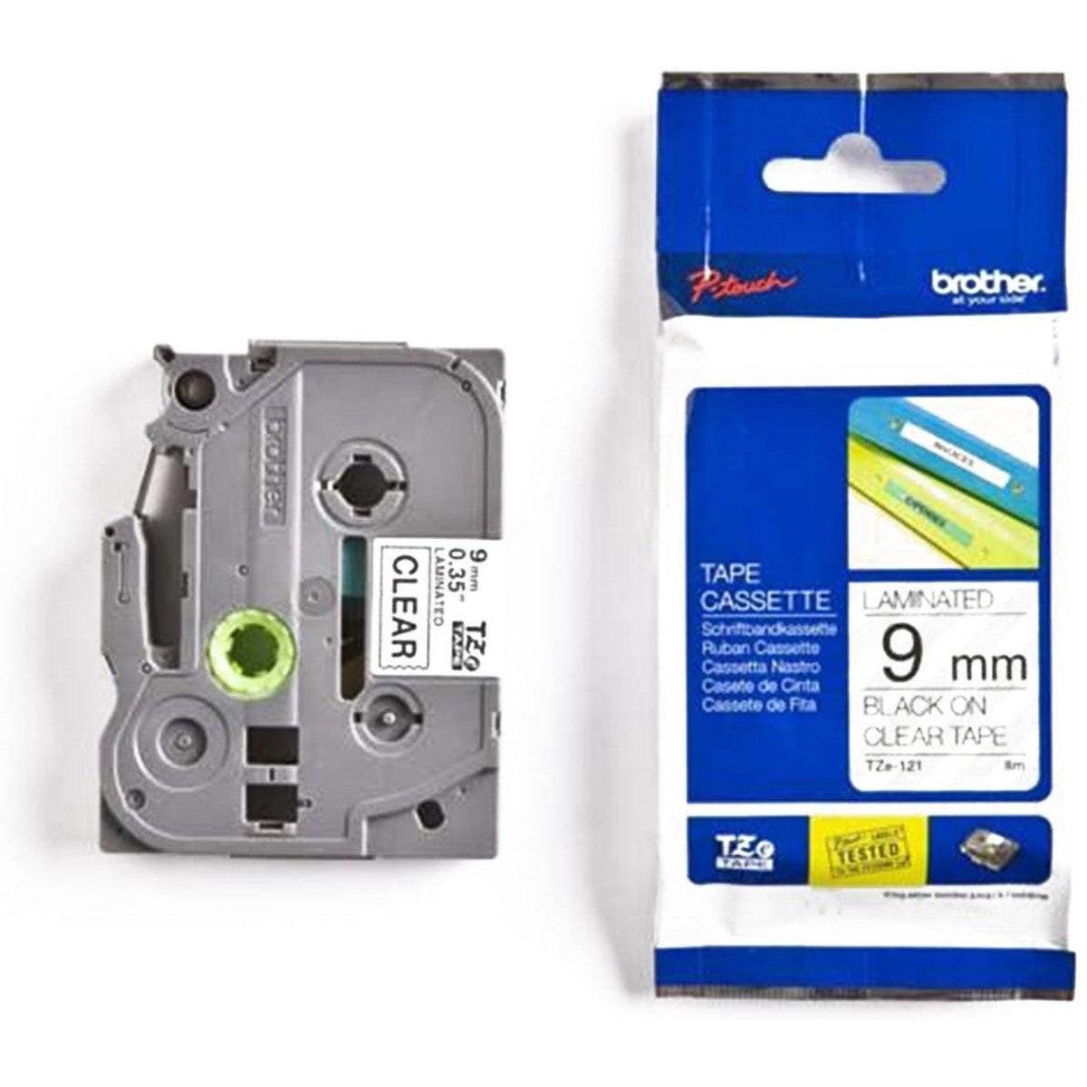 Brother Genuine TZe 121 Labelling Tape Cassette Black on Clear, 9mm wide