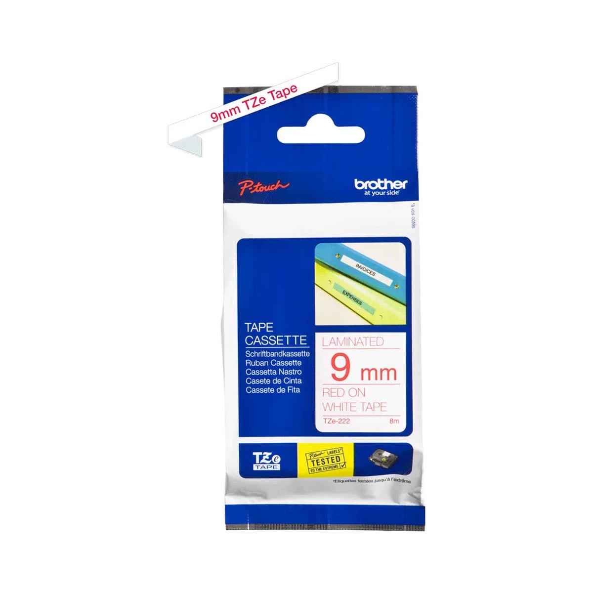 Brother Genuine TZe-222 Labelling Tape Cassette Red on White 9mm wide