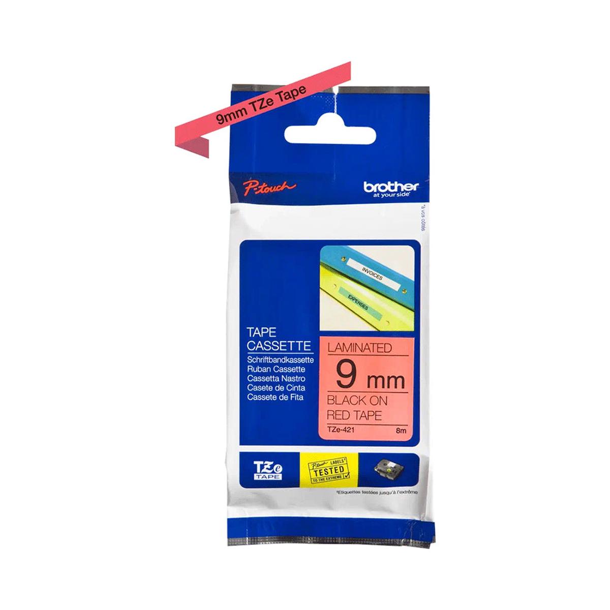 Brother Genuine TZe 421 Labelling Tape Cassette Black on Red, 9mm wide