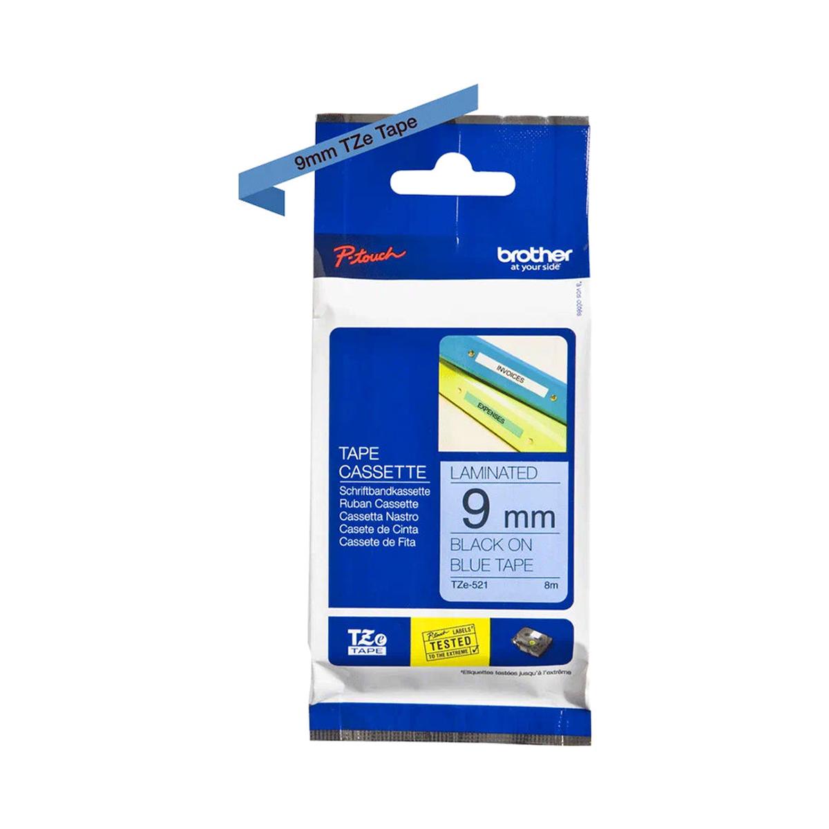 Brother Genuine TZe 521 Labelling Tape Cassette Black on Blue, 9mm wide